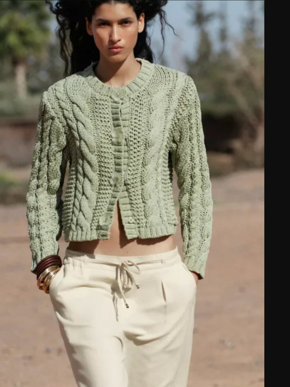 Zara ZW Collection Women Green Knitted Jacket With Floral Buttons Size S NWT